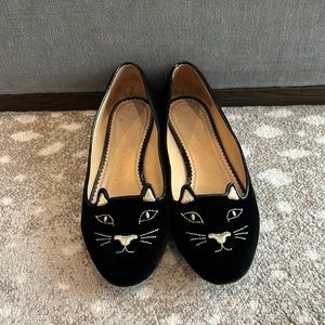 Charlotte Olympia Embroidered Kitty Flats Black Velvet 39